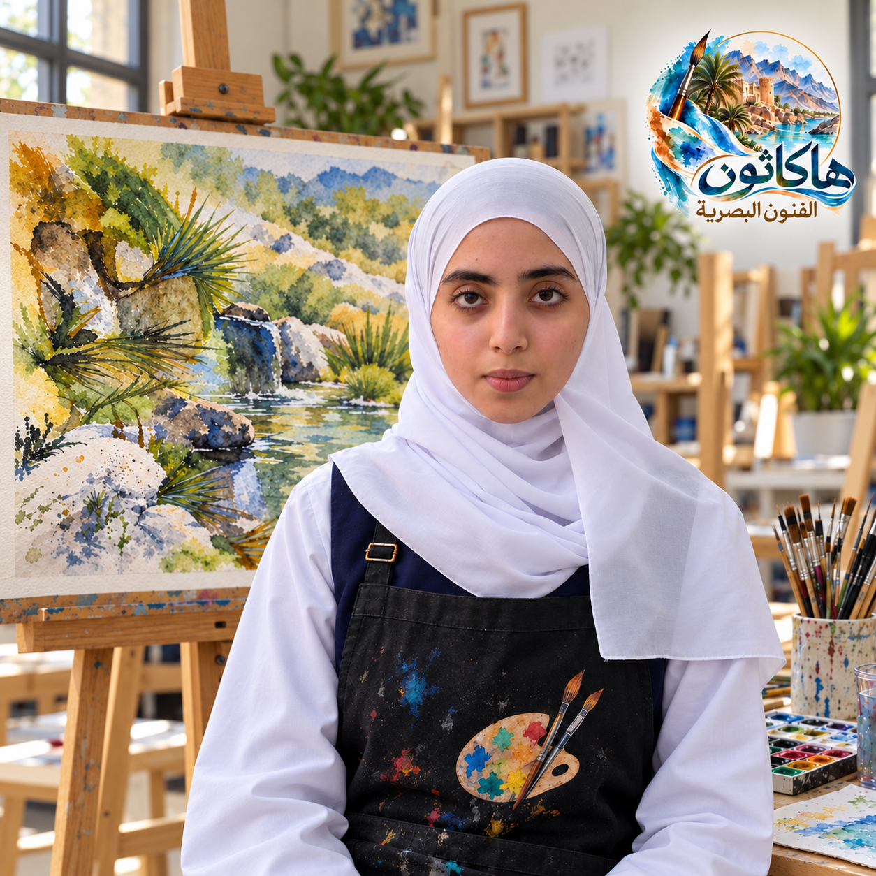 بيان علي المقبالي أمام عملها بالألوان المائية