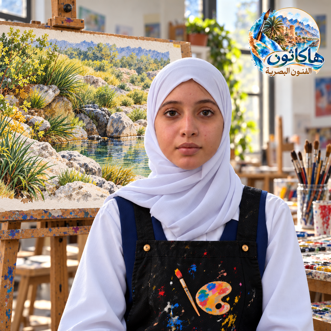 رونق سلطان الربيعي أمام عملها بالألوان المائية